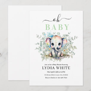 Oh baby Elephant Baby shower Invitation, Boy baby Kaart