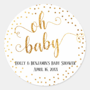 "Oh Baby" Faux Gold Foil Confetti w/ Names & Date Ronde Sticker