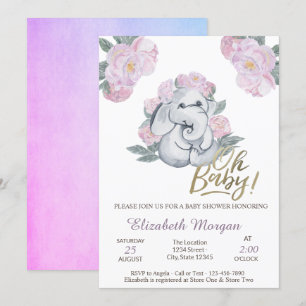 Oh Baby Floral Elephant Baby shower Kaart