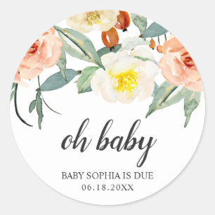 Oh Baby Floral Peach Girl Baby shower Favor Ronde Sticker