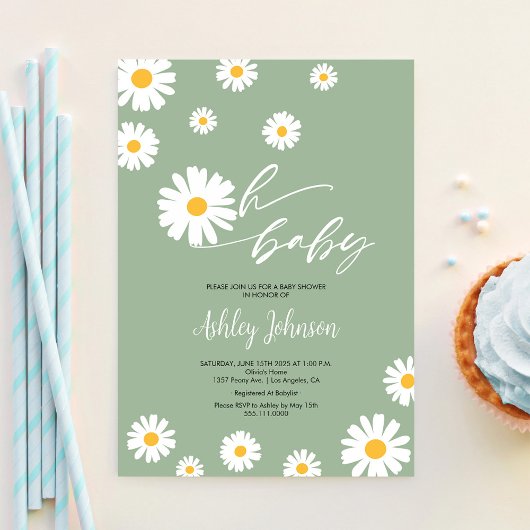 Oh Baby Floral Retro Sage Green Daisy Baby shower Kaart