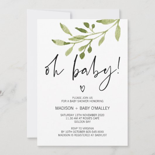 Oh Baby Gender Neutral Shower Invitation Verdure (Devant)