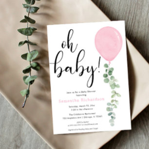 Oh Baby girl roze ballon eucalyptus baby shower Kaart