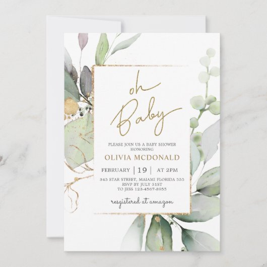 Oh Baby Green Frame Or Eucalyptus Invitation (Devant)