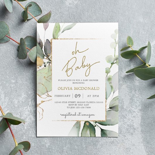 Oh Baby Green Frame Or Eucalyptus Invitation