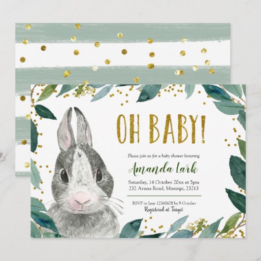 Oh Baby Greenery Bunny Baby shower Uitnodiging (Voorkant / Achterkant)