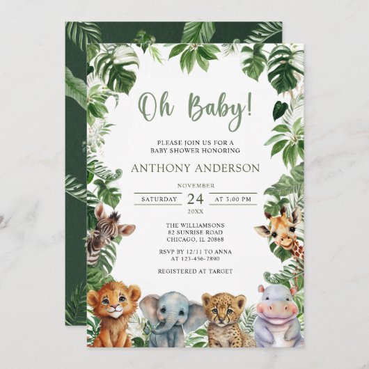 Oh Baby Greenery Oerwoud Safari Animals Baby showe Kaart (Voorkant / Achterkant)