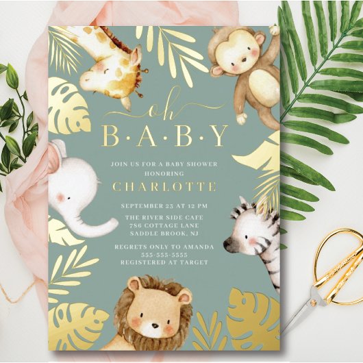 Oh Baby Jungle Baby shower Foil Invitation
