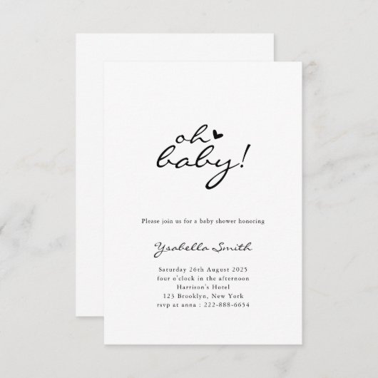 Oh Baby! Minimal Heart Script-Baby shower Kaart (Voorkant / Achterkant)