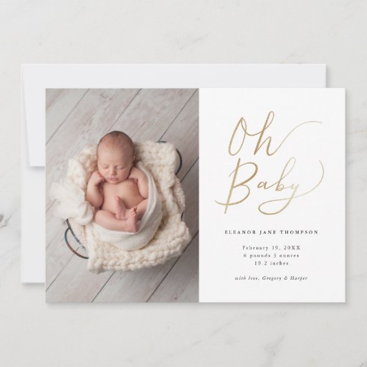Oh Baby Modern Gold Script Photo Birth Aankondiging (Voorkant)