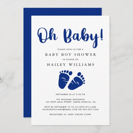 Oh Baby Navy Blue Baby Feet Shower Kaart (Voorkant / Achterkant)