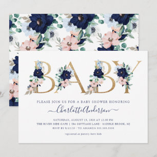 Oh Baby Navy Blue & Blush Bloemen Baby shower Kaart
