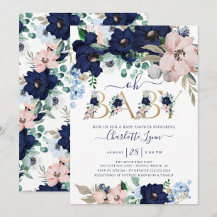 Oh Baby Navy Blue & Blush Bloemen Baby shower Kaart