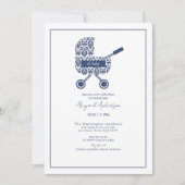 Oh Baby Navy Damask Pram Baby shower Invitation (Devant)