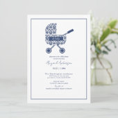Oh Baby Navy Damask Pram Baby shower Invitation (Debout devant)