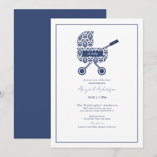 Oh Baby Navy Damask Pram Baby shower Invitation (Devant / Derrière)