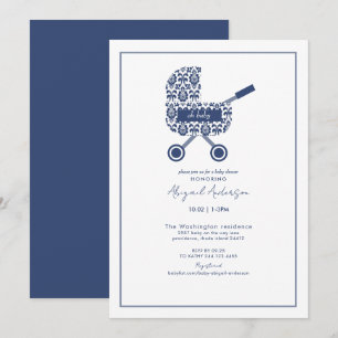 Oh Baby Navy Damask Pram Baby shower Uitnodiging