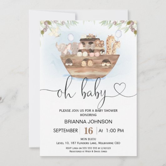 Oh Baby Noah's Arch Baby shower Invitation (Devant)