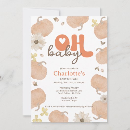 Oh Baby Orange Citrouille Baby shower Invitation (Devant)