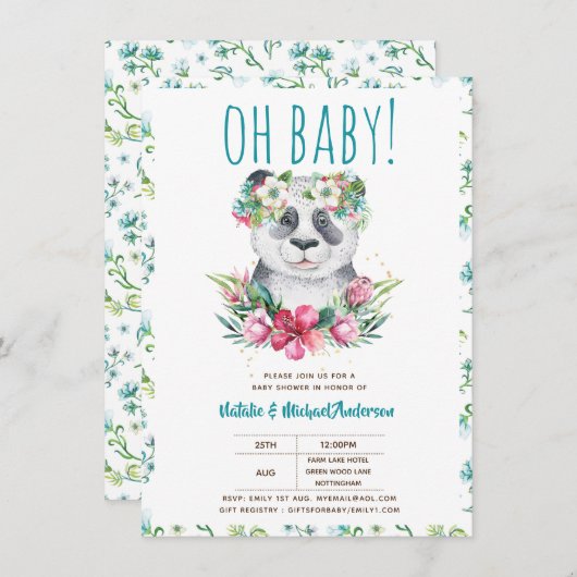 Oh Baby Panda Beer Waterverf Bloemrijke Boho Douch Kaart (Voorkant / Achterkant)