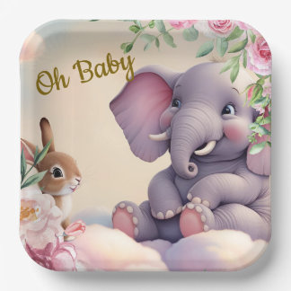 Oh Baby papieren borden, olifant en konijn Bordje