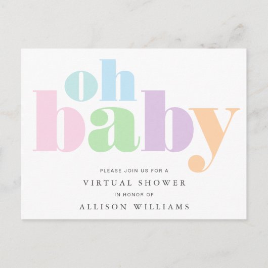Oh Baby Pastel Typografie Virtueel Baby shower Uitnodiging Briefkaart (Voorkant)