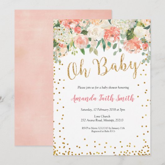 Oh Baby Peach Floral Baby shower Uitnodiging (Voorkant / Achterkant)
