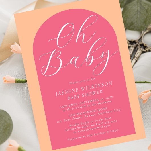 Oh baby peach fuzz roze modern script baby shower kaart