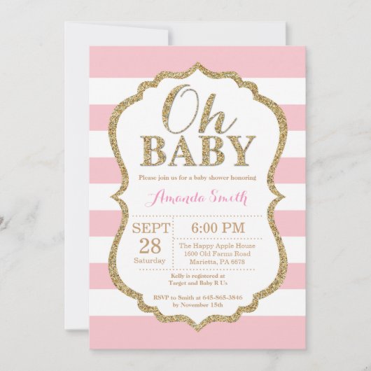 Oh Baby Pink et Baby shower d'or Invitation (Devant)