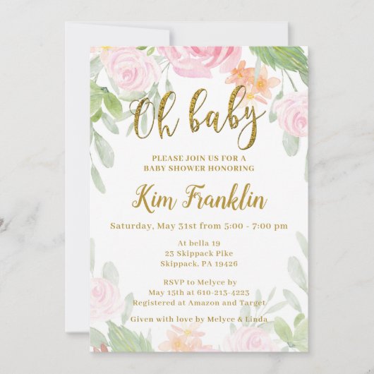 Oh Baby Pink et Baby shower d'or Invitation (Devant)