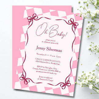 Oh Baby Pink Gingham Bows Baby Shower Kaart