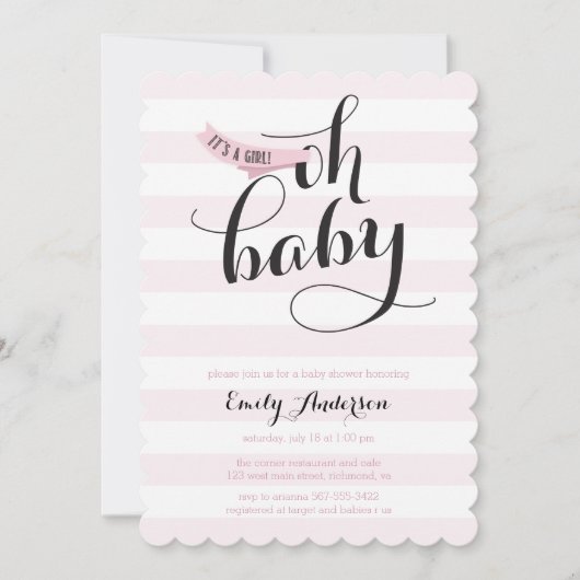 Oh Baby Pink Stripes Baby shower Invitation (Devant)