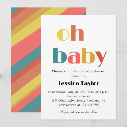 Oh Baby Retro Rainbow Baby shower Invitation (Devant / Derrière)
