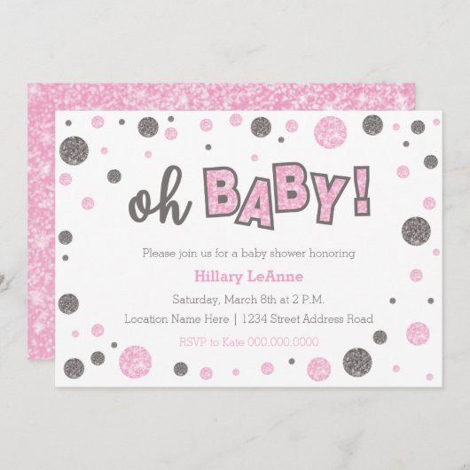 oh Baby Roze en grijze glitter doucheuitnodiging Kaart (Voorkant / Achterkant)
