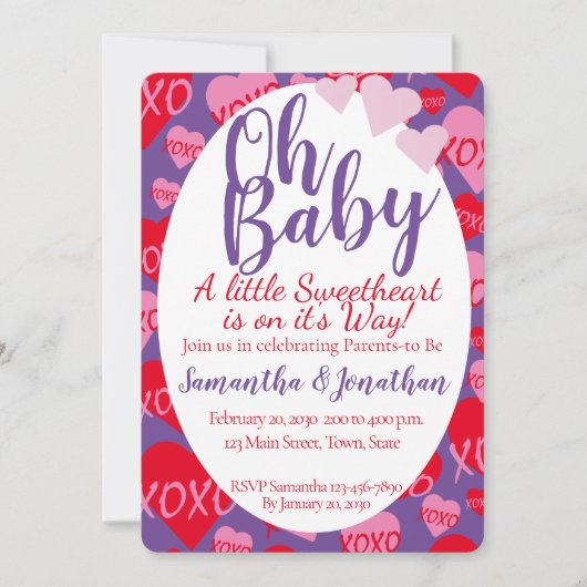 Oh Baby Roze Rood Sweethearts Baby shower Paarse Kaart (Voorkant)