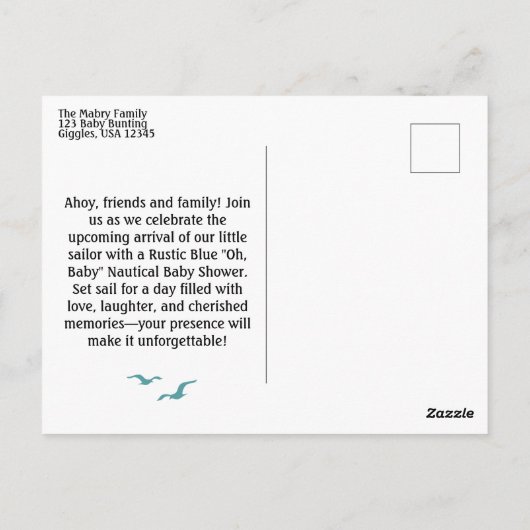 "Oh, Baby" Rustiek Nautisch Blauw Baby shower Briefkaart (Achterkant)