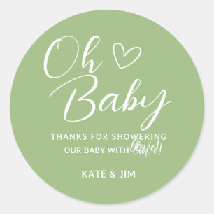 Oh Baby Sage Green Baby shower Bedankt Bericht Ronde Sticker
