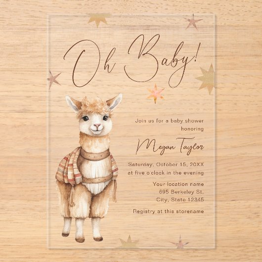 Oh Baby Schattigee Llama Boho Baby shower Uitnodig Acryl Uitnodigingen (Voorkant)