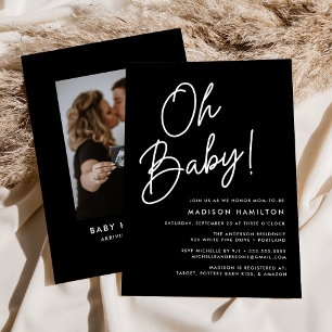 Oh Baby Script Black Minimalist Photo Baby shower Kaart