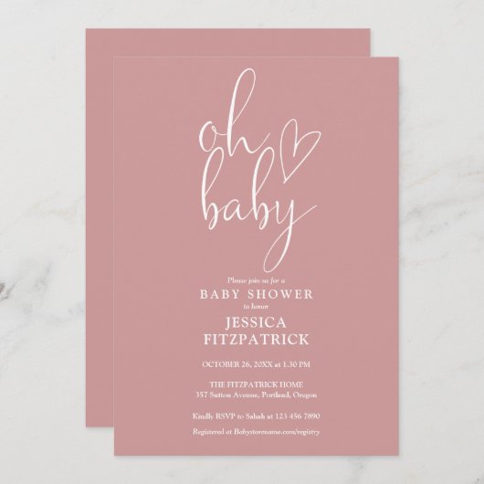 Oh Baby Script Dusty Roos Pink Girl Baby shower Kaart (Voorkant / Achterkant)