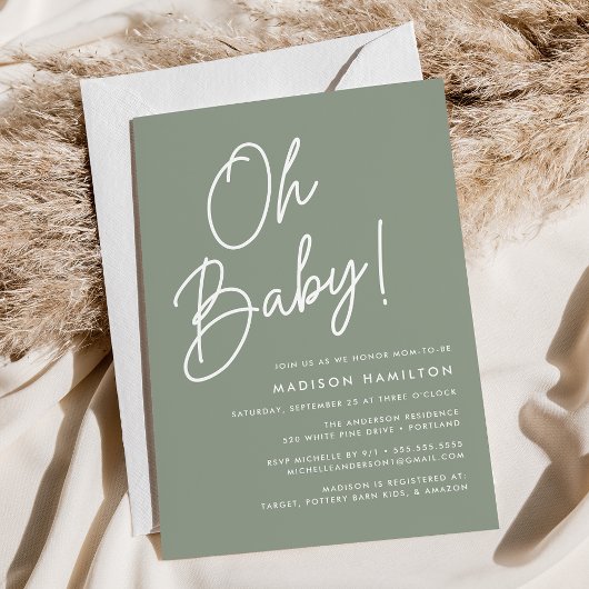 Oh Baby Script Sage Green Minimalist Baby shower Kaart