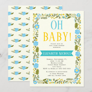 Oh Baby shower aqua en gele florale grens Kaart