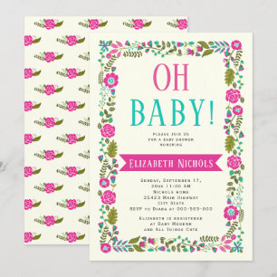 Oh Baby shower aqua, roze moderne florale grens Kaart