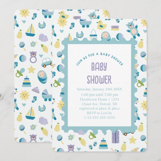 Oh Baby shower Blue Invitation (Devant / Derrière)
