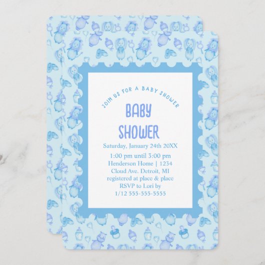 Oh Baby shower Blue Invitation (Devant / Derrière)