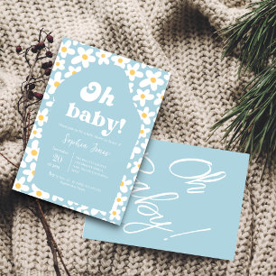 Oh Baby shower   Blue Retro Daisy 70s uitnodiging Informatiekaartje