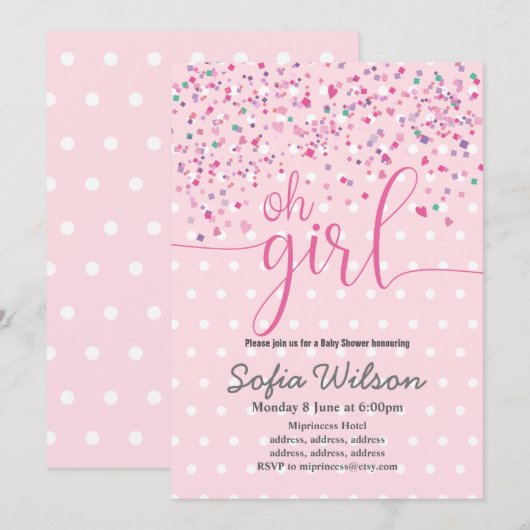 oh baby shower fille, invitation (Devant / Derrière)