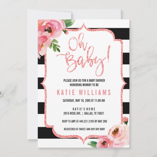 Oh Baby shower Floral rose rayé Invitation (Devant)