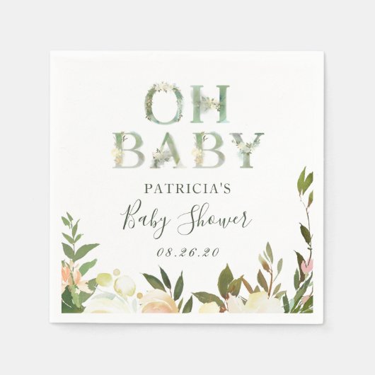 Oh Baby shower Greenery Waterverf Rustic Floral Servet (Voorkant)