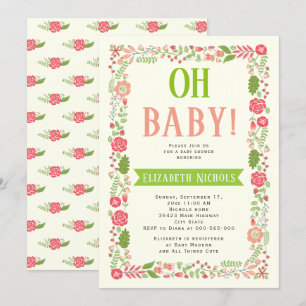 Oh Baby shower koraal roze mooie florale rand Kaart